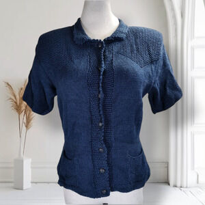 Vintage 90s Allen Solly Textured Knit Sweater Jacket Blue Fitted Waist S